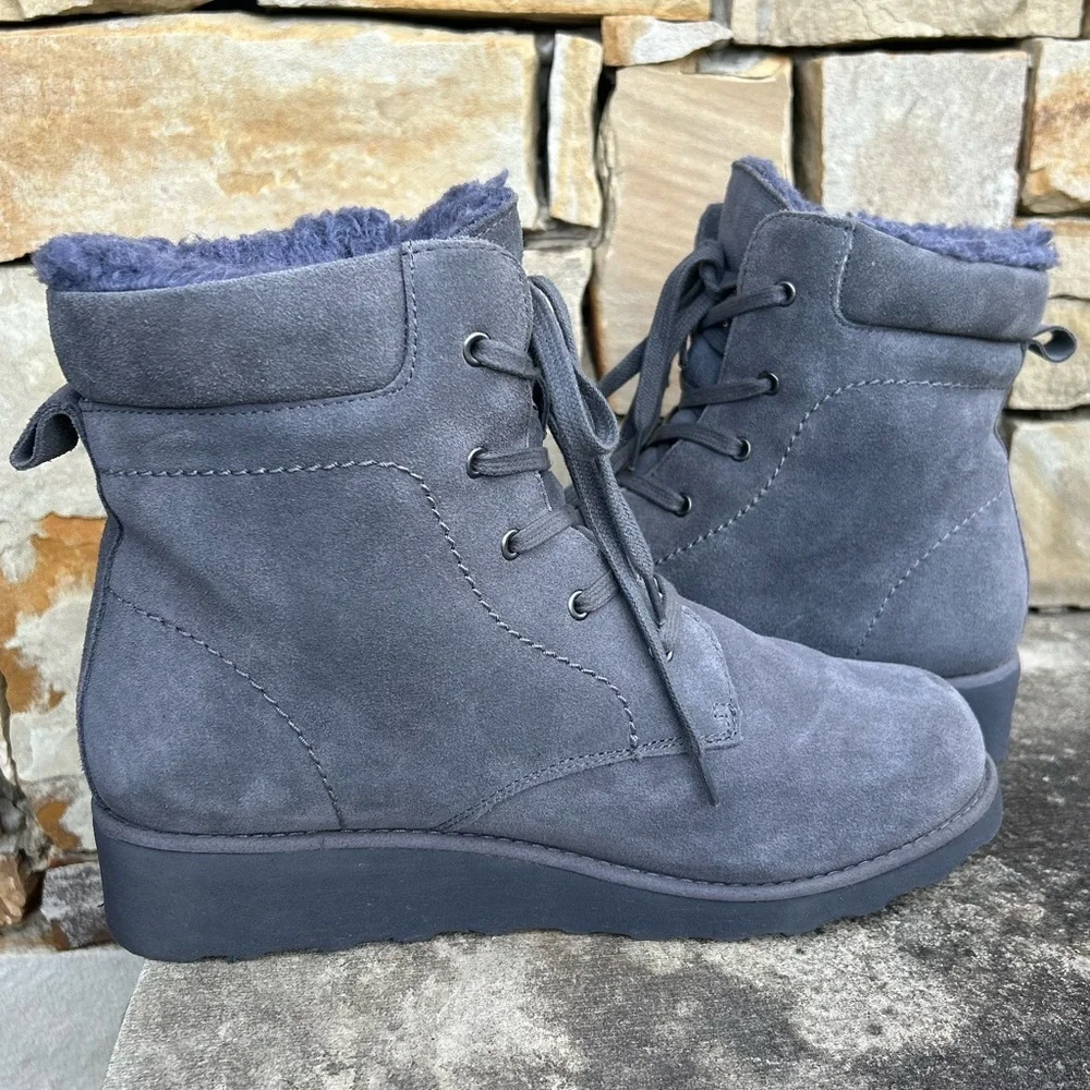 BEARPAW Phoebe Suede Sheepskin lace up hiker Grey Winter Boots Sz-10.  LocB‎
